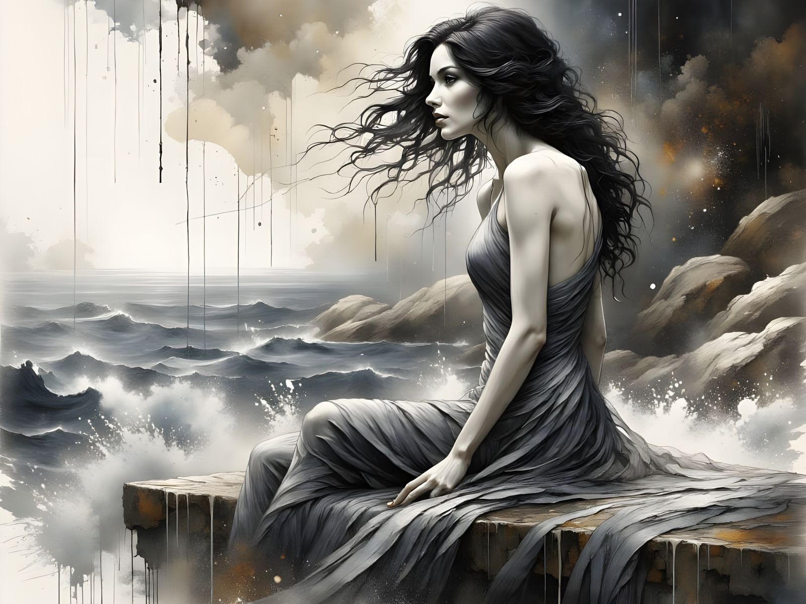 Mournful Norse Goddess in Black and Silver Watercolour