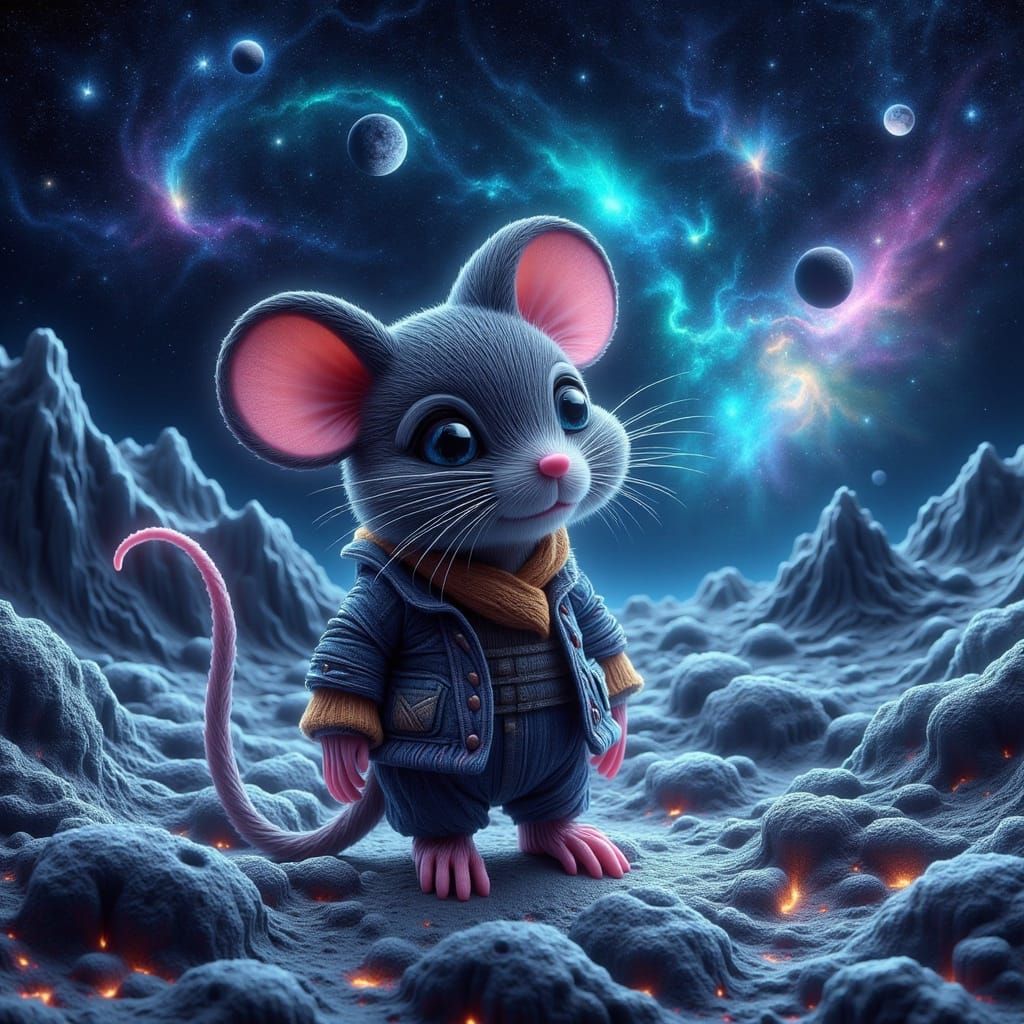 Chibi Mouse on Moon Surface Under Starry Sky