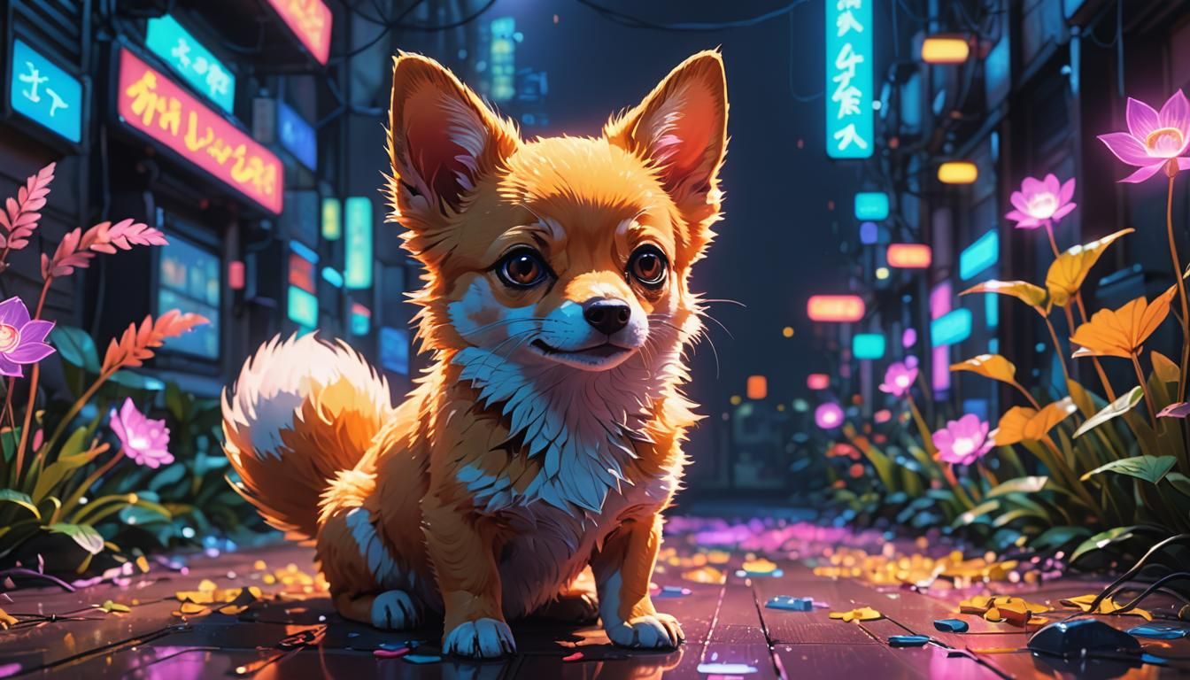 Fox Chihuahua Hybrid in Synthwave Anime Style