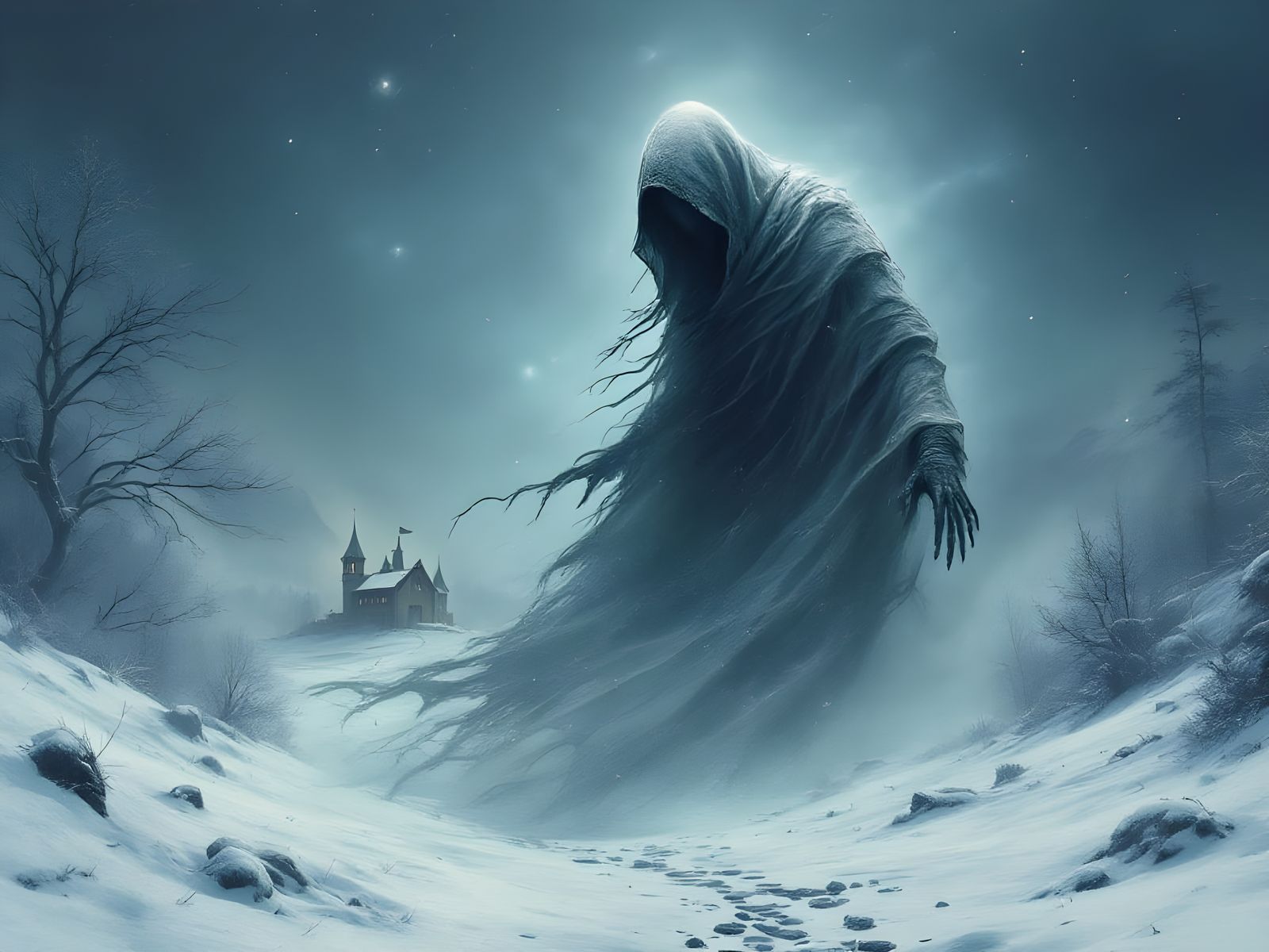 Ethereal Undead Spirit Over Winter Landscape with Stronghold