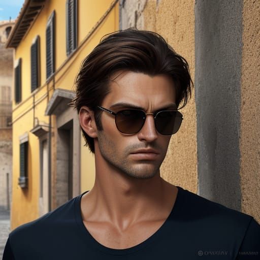 Handsome Model in Italian Street: Hyper-Realistic Photo