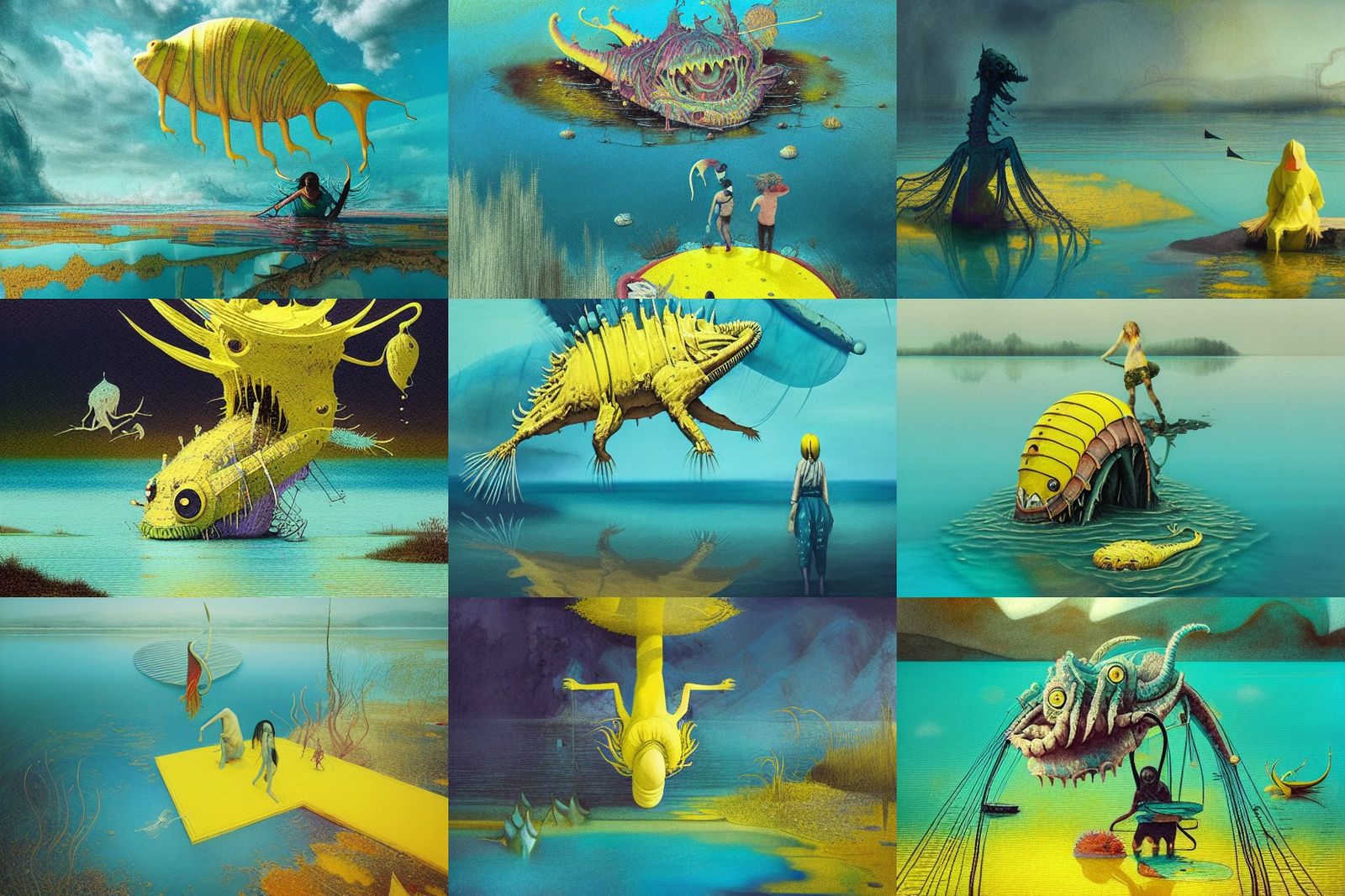 Yellow Sea Monster in Turquoise Lake: Detailed Pastel