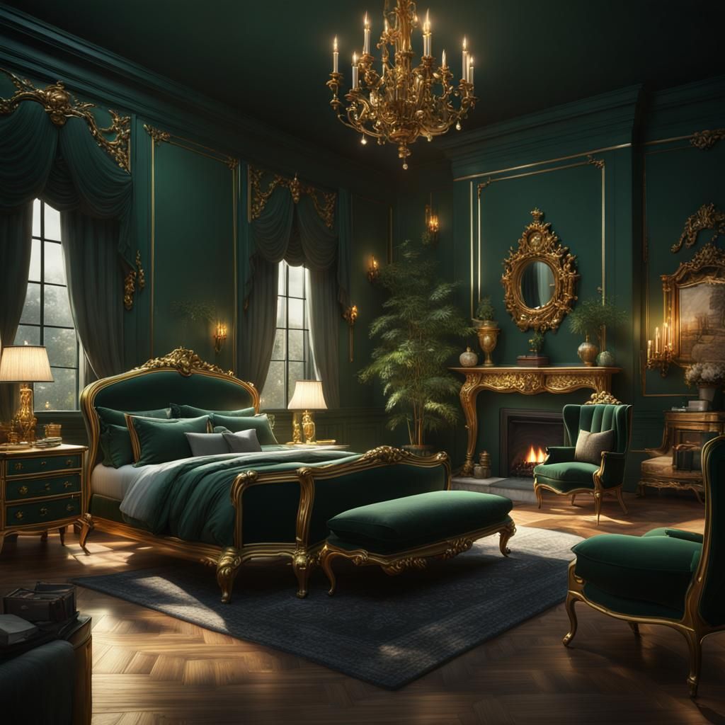 Opulent Bedroom Interior in Dark Green and Gold