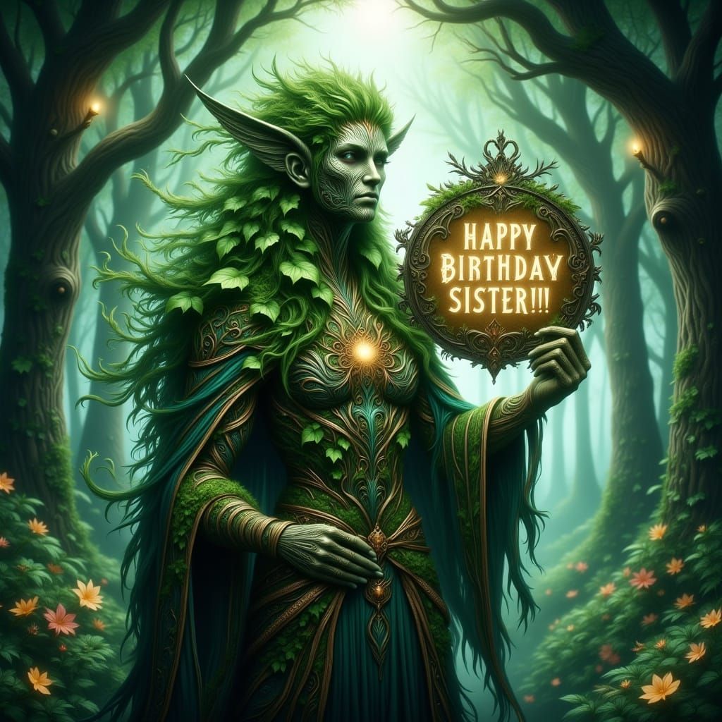 Mystical Forest Guardian Spirit with Glowing Sign in Etherea...