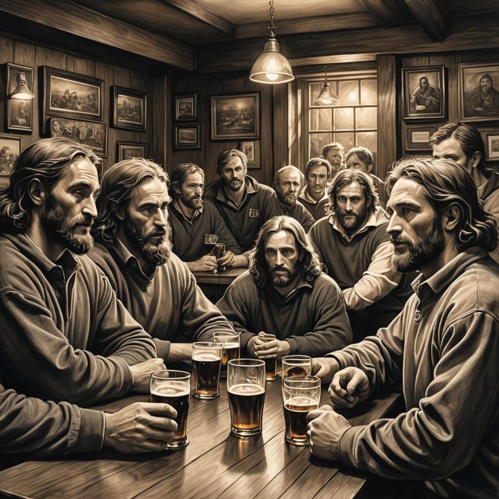 Jesus' Last Supper in Welsh Pub, Charcoal Drawing