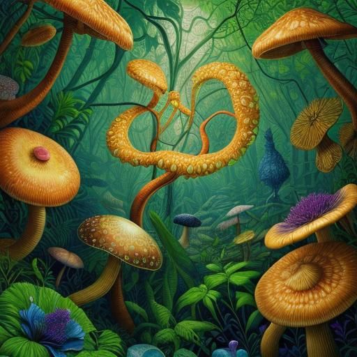 Fungus Nymph in Neo-Primitivist Dreamscape