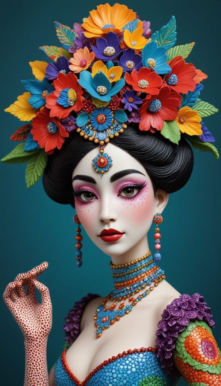 Pointillist Alebrije Courtesan in Whimsical Style