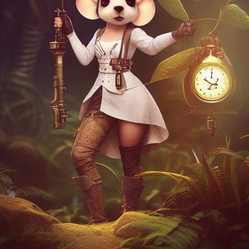 Steampunk Mouse Adventurer in Lush Jungle, 3D Art