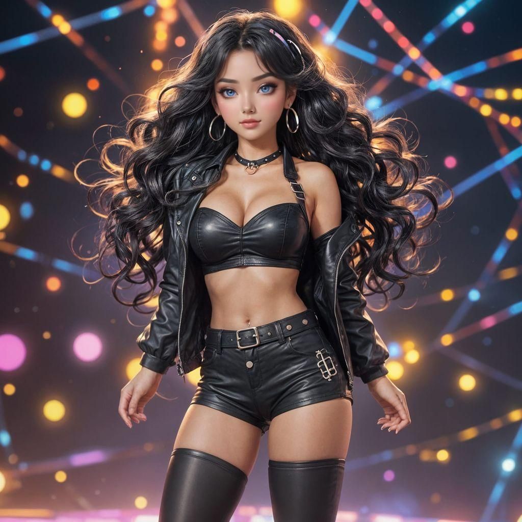 Anime Popstar with Black Hair and Leather Jacket