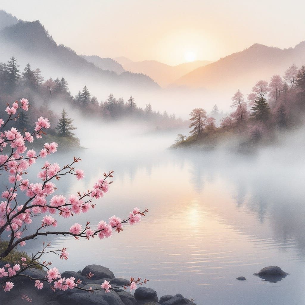 Rising Sun Illuminates Misty Lake in Soft Watercolour Hues