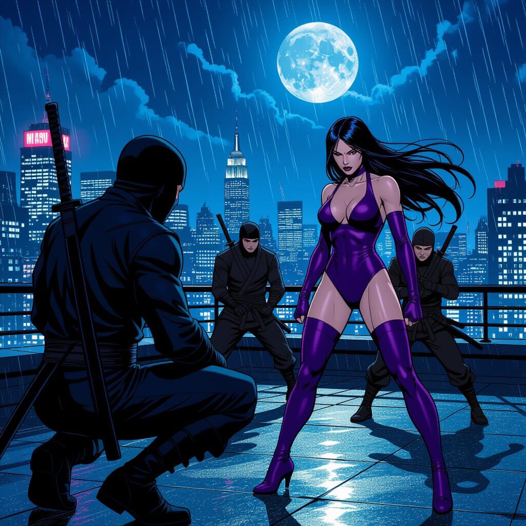 Psylocke Battles Ninjas on NYC Rooftop in Comic Style
