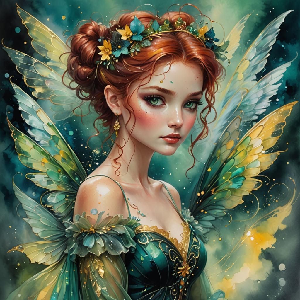 a pretty fairy with messy red hair in a bun, green eyes, long lashes, hoop earrings, iridescent wings, ornate, alcohol i...