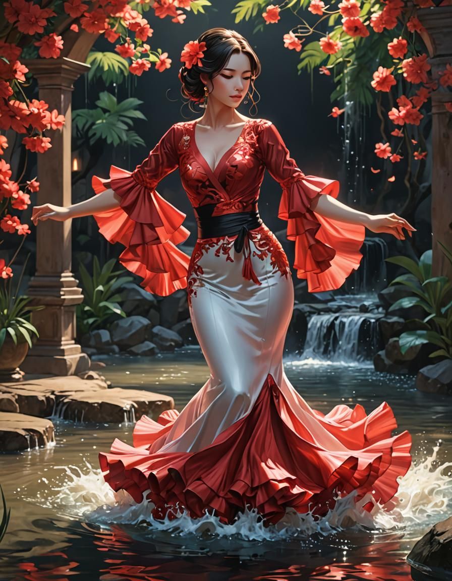 Anime Flamenco Dancer in Flowing Water