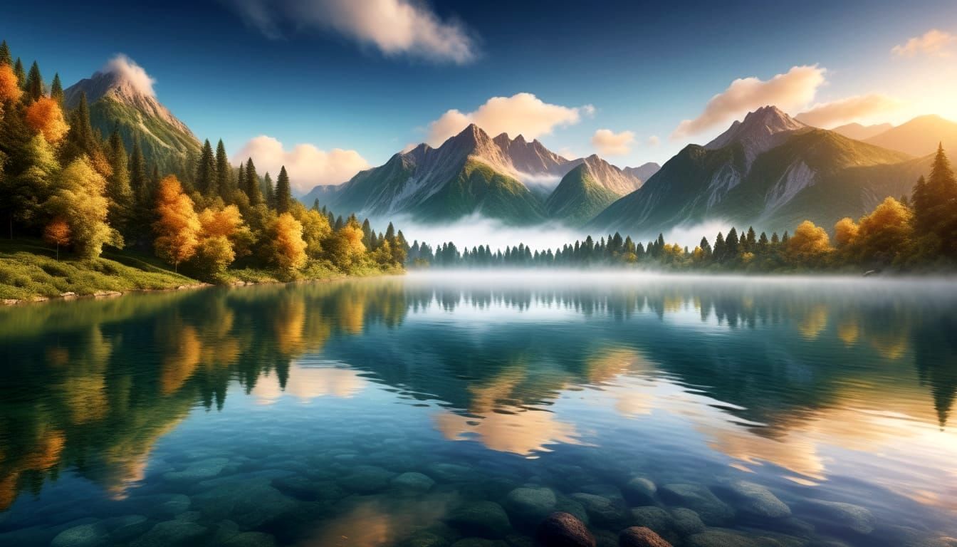 Vibrant Sunrise Landscape with Majestic Mountains and Serene...