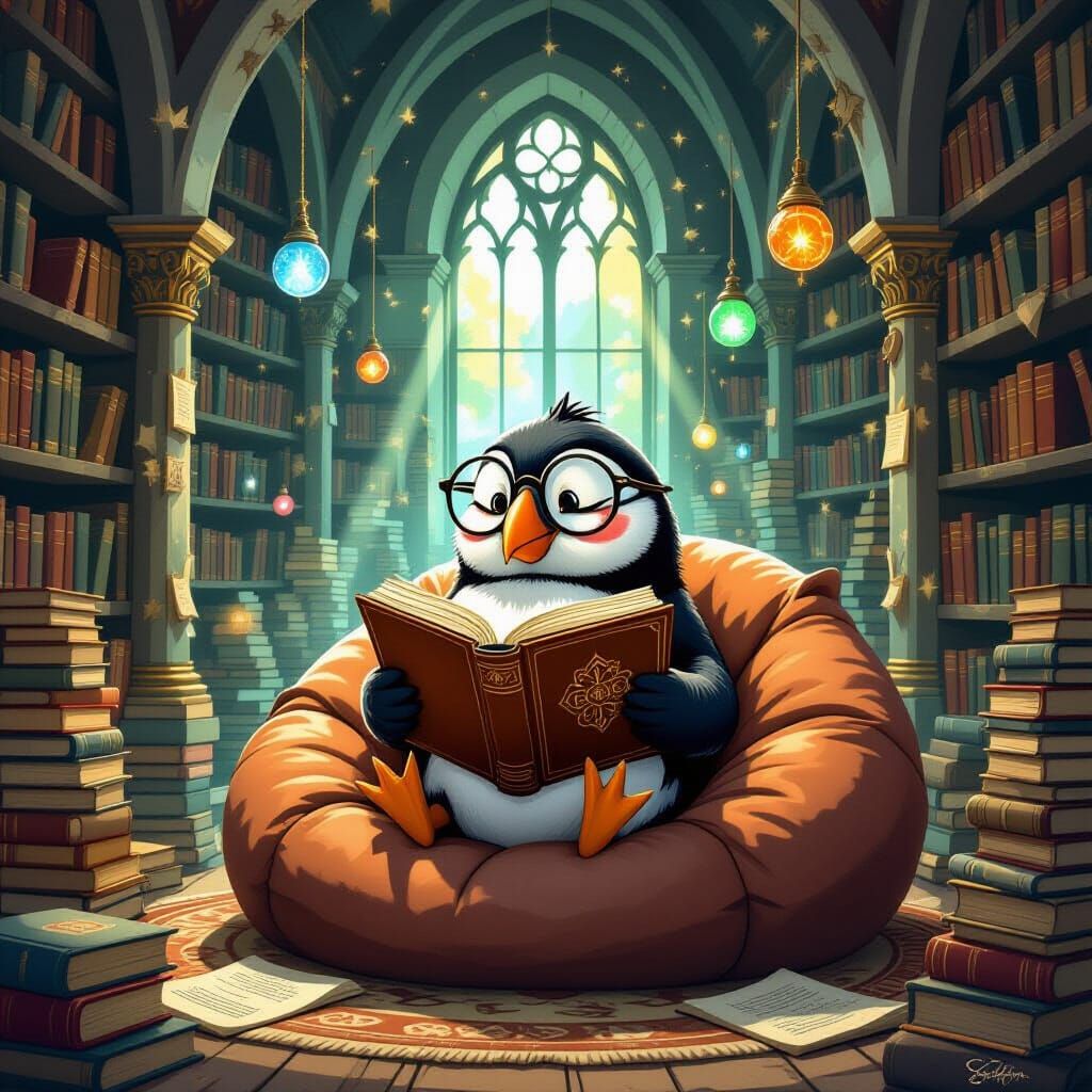 Puffin Reading in Mystical Library