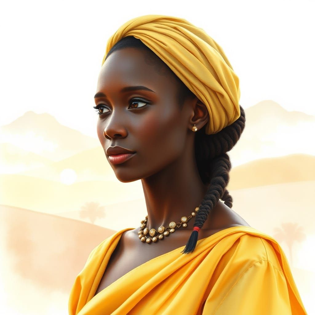 African Woman in Yellow Silk Dress Gazes at Dreamlike Landsc...