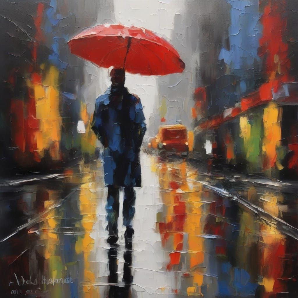 Impasto Painting of a Rainy Urban Street with Colorful Umbre...