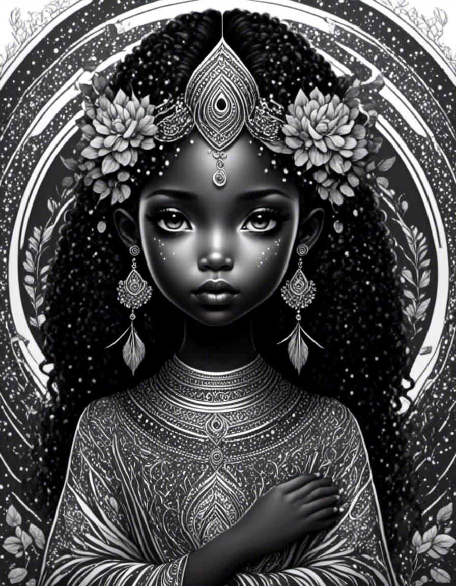 Girl with Heart in Coloring Book Style