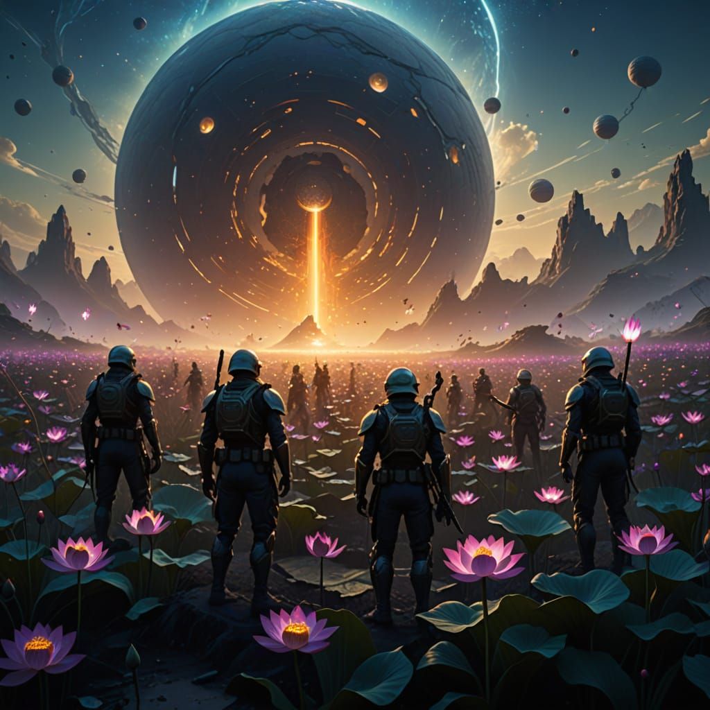 Ethereal Soldiers Amidst Lotus Blooms in a War-Torn Landscap...