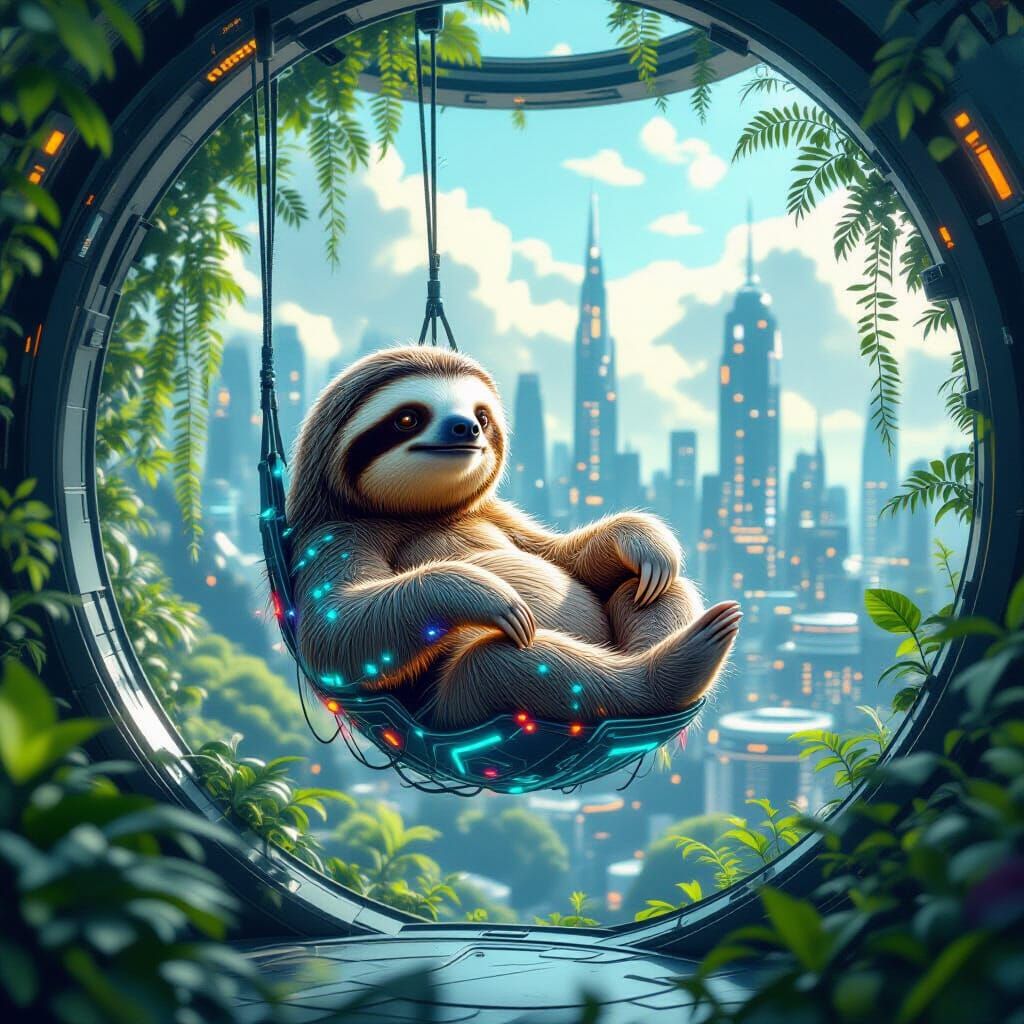 Futuristic Sloth in Zero-G Biodome, Sci-Fi City View