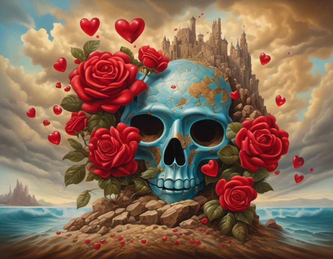 Surreal Mask and Rock Formation in Oil Painting