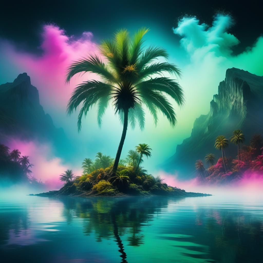 Single Palm Tree Island Aurora Digital Art