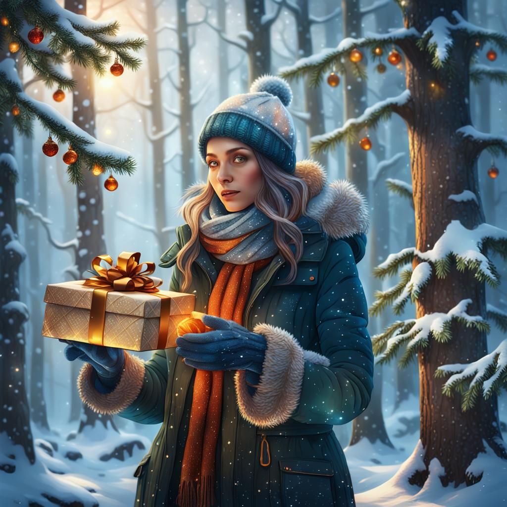 Girl Giving Christmas Gifts in a Snowy Forest