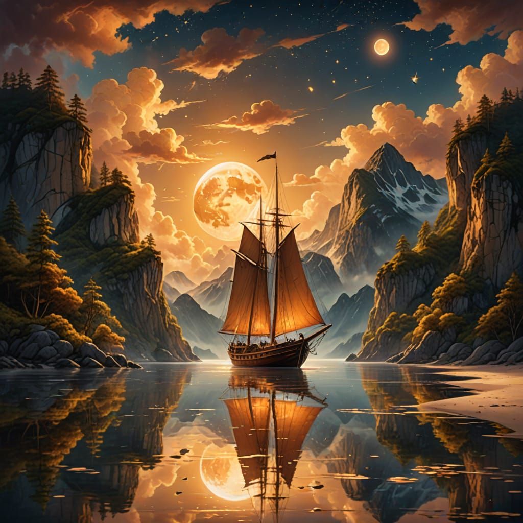 Cinematic Fantasy Seascape with Glowing Sailboat and Full Mo...