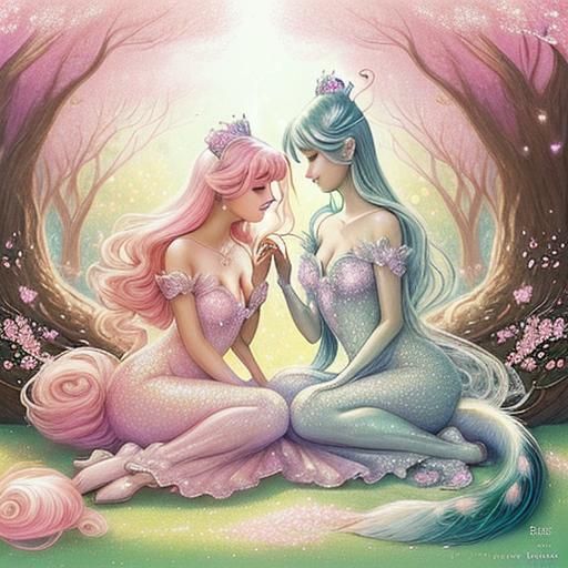 Peacocks in Blossoming Heart Tree, Whimsical Sketch