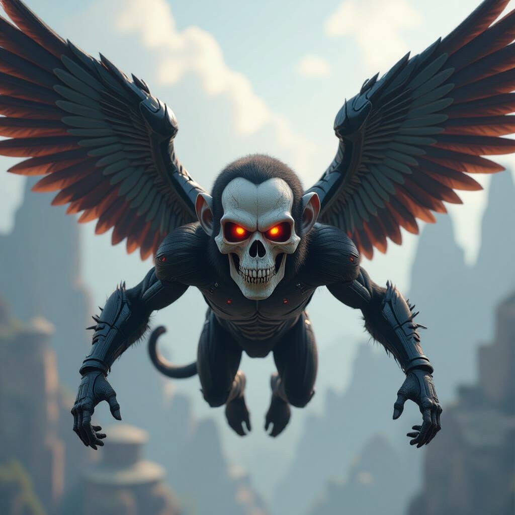 Skull-Faced Winged Monkey Soaring in Futuristic Style