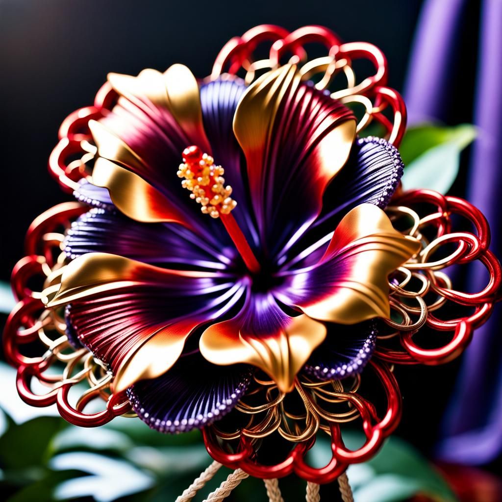 Hyperrealistic Metal Hibiscus Macrame Bouquet