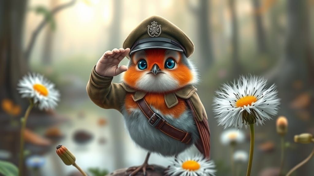 Robin Soldier Saluting in Dandelions, Monge Style