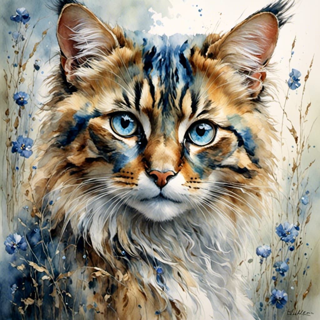 Moody Pastel Drawing of Large-Eyed Cats