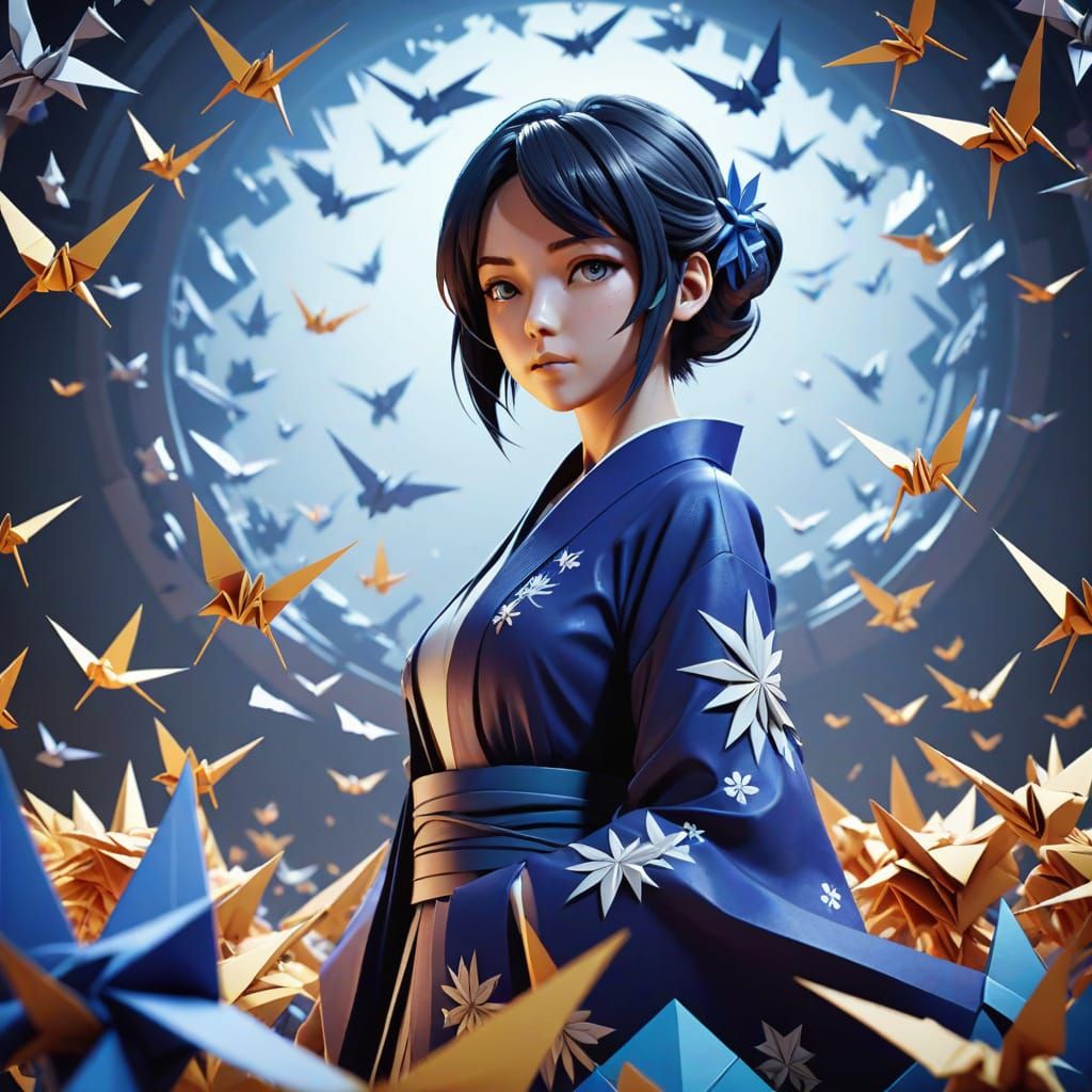 Anime Key Visual: Woman in Origami Vortex