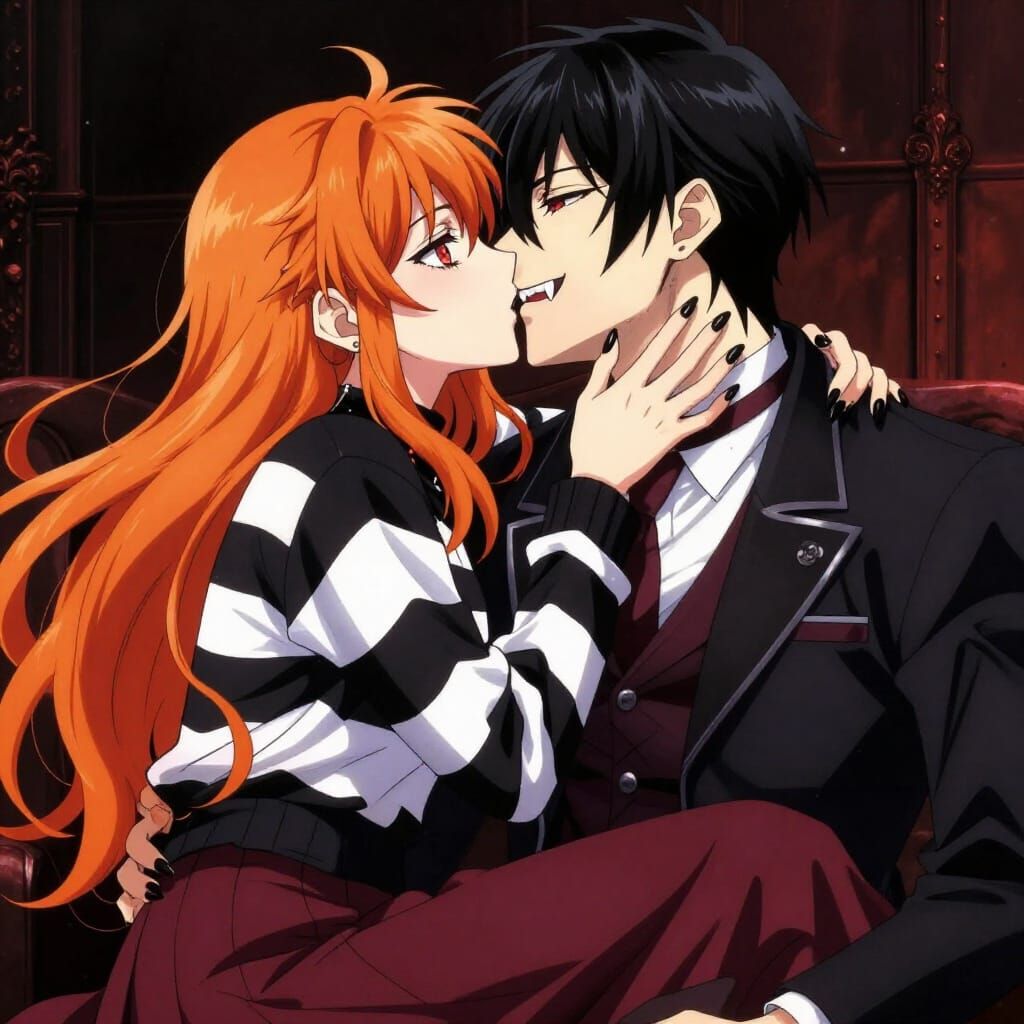 Fiery Demon Couple Kissing in Alcohol Ink Style