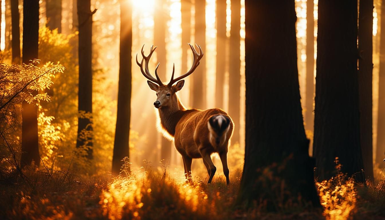Golden Deer Leaping in Sunlit Forest