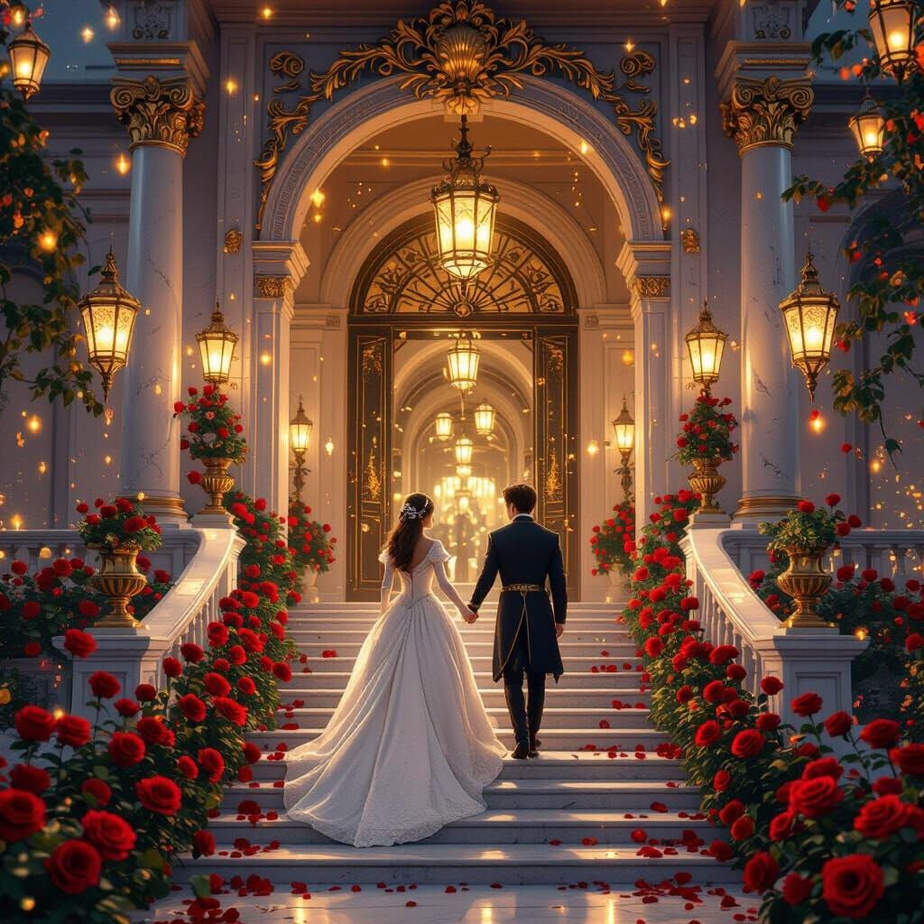 Elegant Palace Entrance with Roses and Floating Lanterns