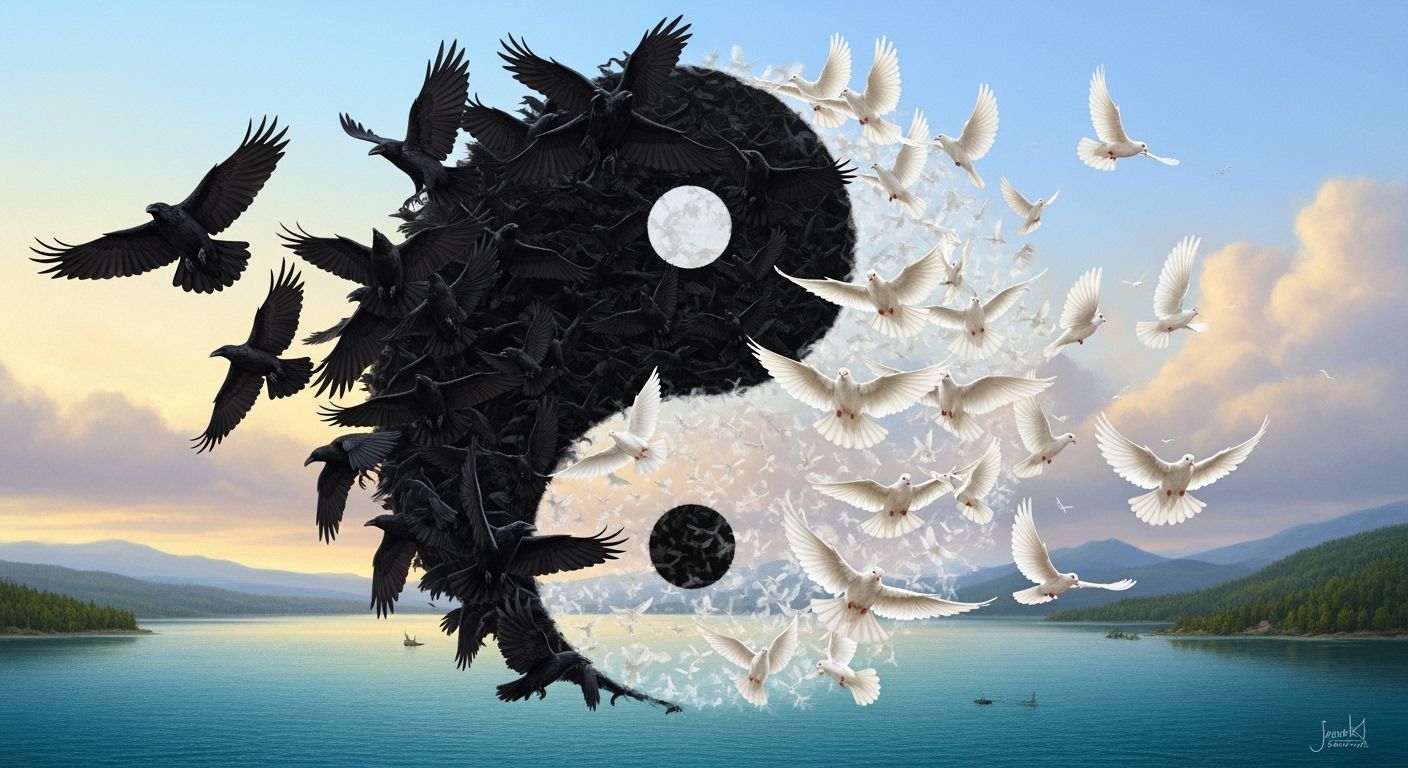 Yin Yang Symbol Formed by Ravens and Doves
