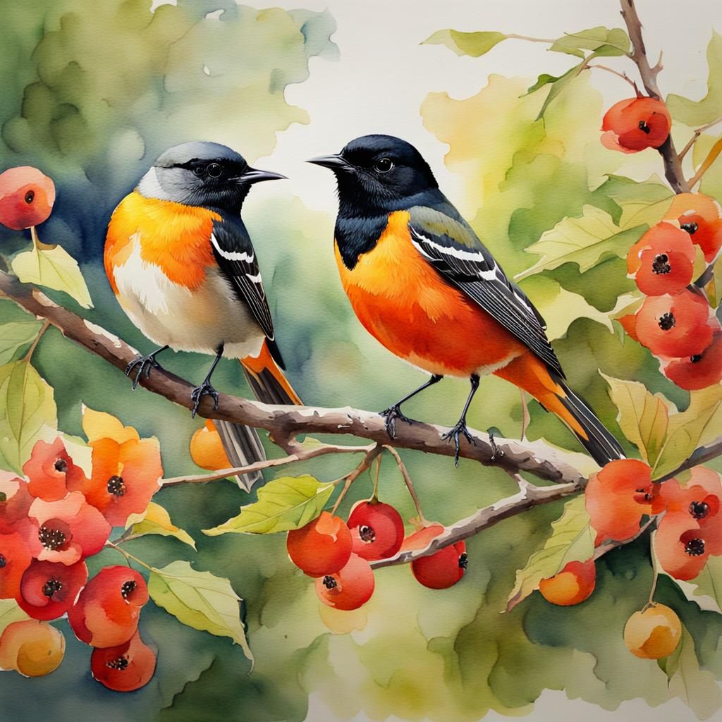Watercolor American Redstarts Among Berries
