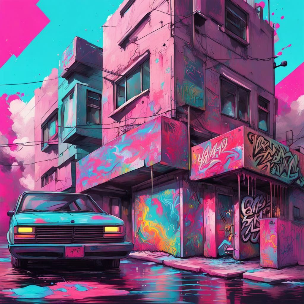 Colorful Vaporwave Graffiti Art in Polychromatic Style
