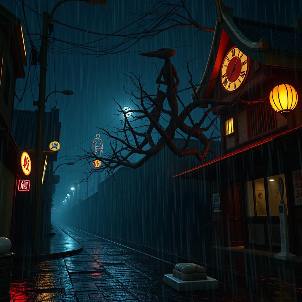 Junji Ito Inspired Stalker in Rainy Dark Street