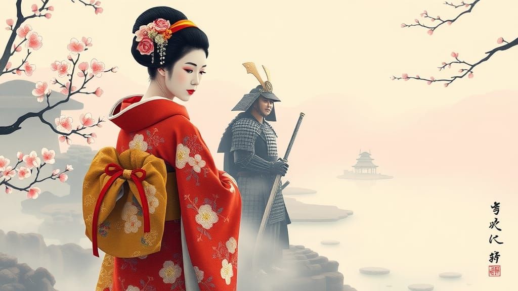 Geisha and Samurai in Ukiyo-e Garden