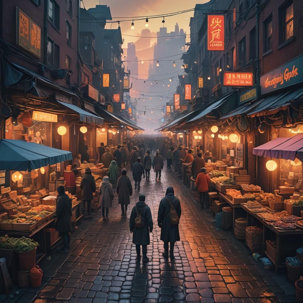 Lone Figure in Crowded Marketplace, Digital Matte Painting