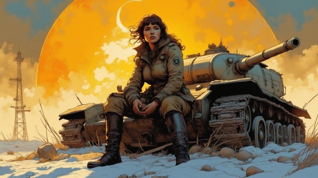 Soviet Night Witch Pilot on Tank in Winter