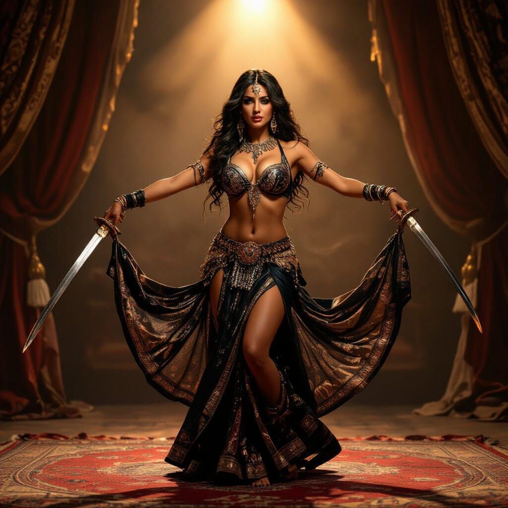 Belly Dancer with Swords in Opulent Chamber