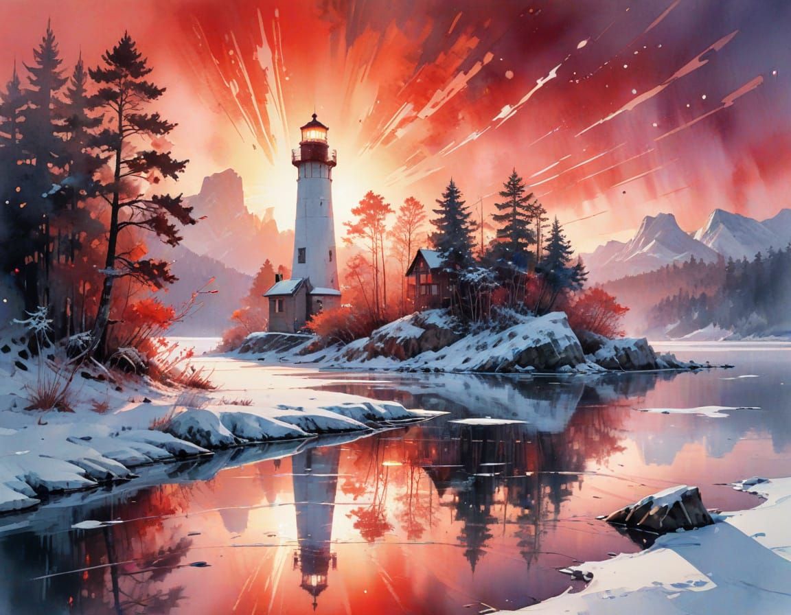 Frozen Lighthouse at Dawn: Digital Matte Painting