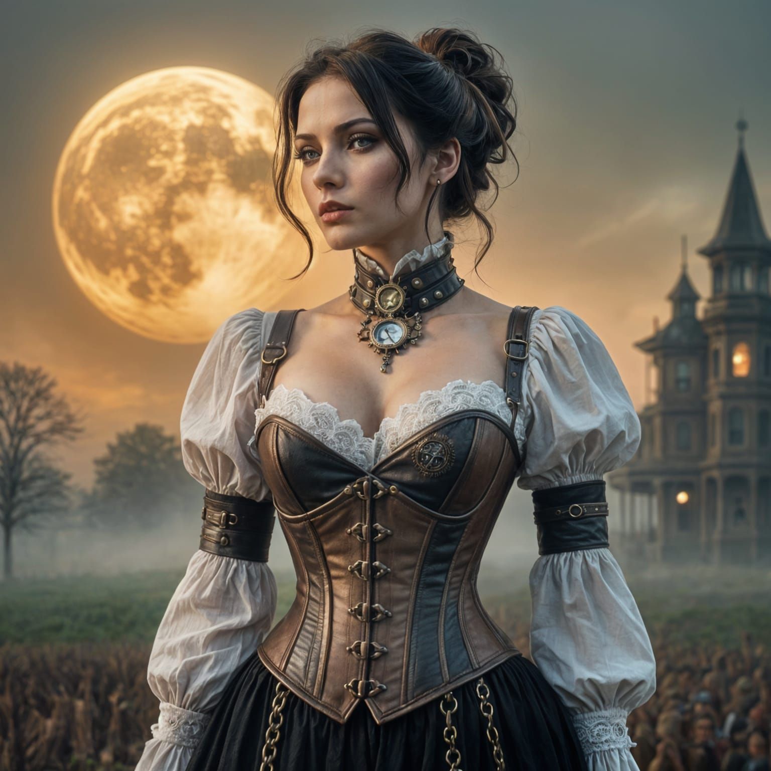 Seductive Steampunk Woman in Misty Field