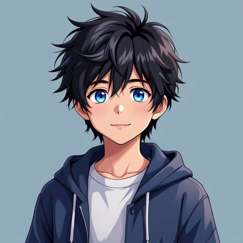 Boy with Blue Eyes and Black Hair in Realistic Digital Art S...