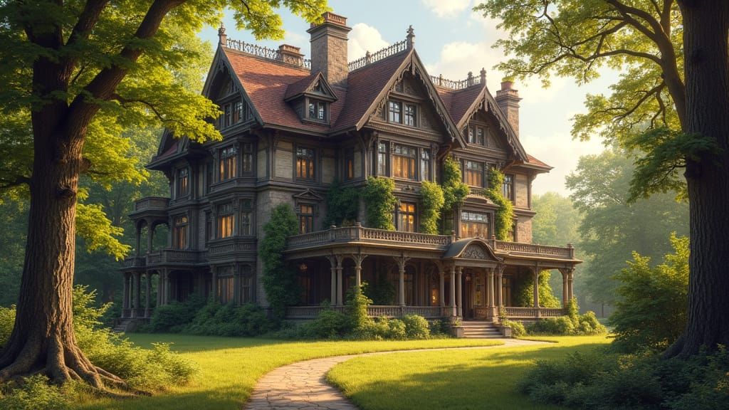 Elegant Victorian Mansion Amidst Vibrant Forest in Golden Li...