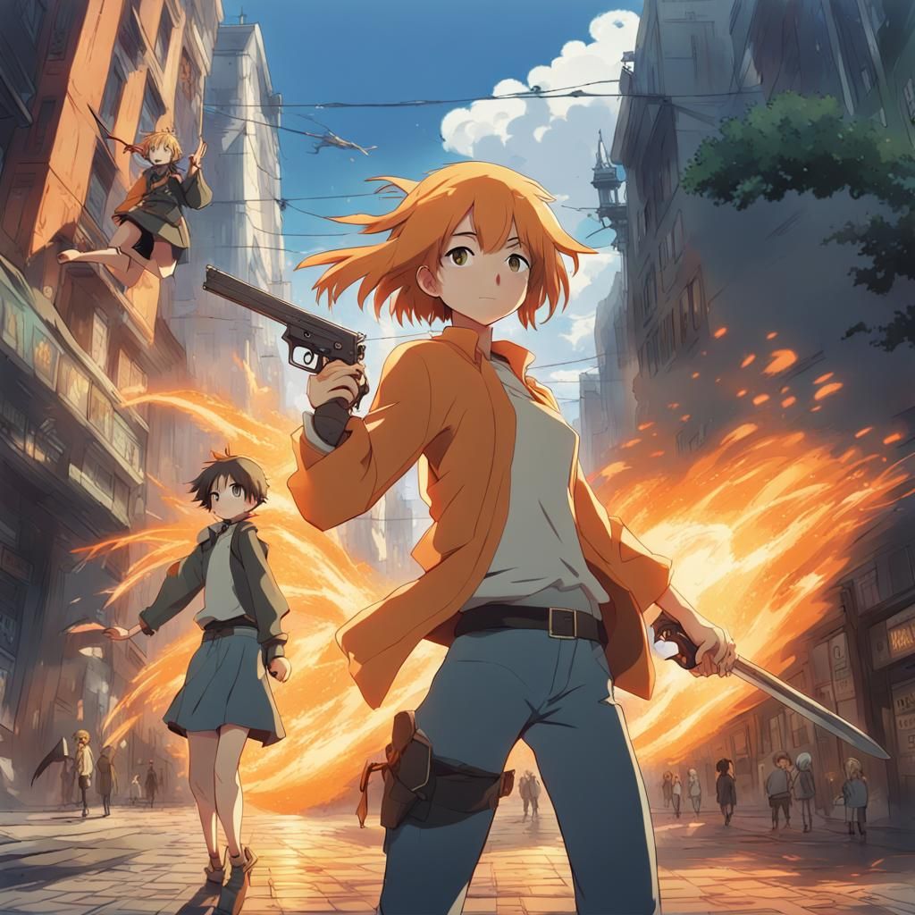 Anime Battle in Burning City, Ghibli Style